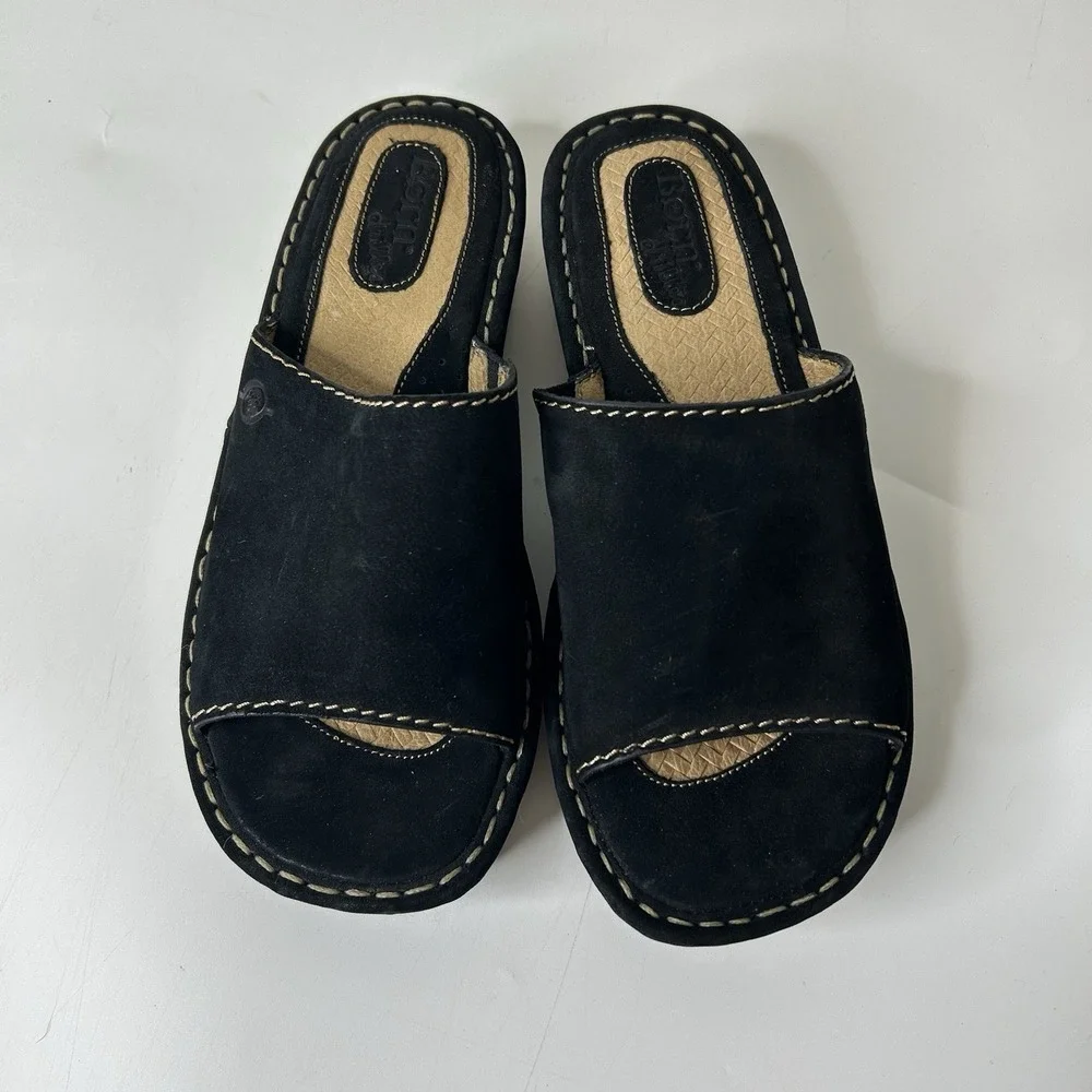 Born Chilled Sandals Womens 6 Black Slide Suede Slip On Comfort Shoe